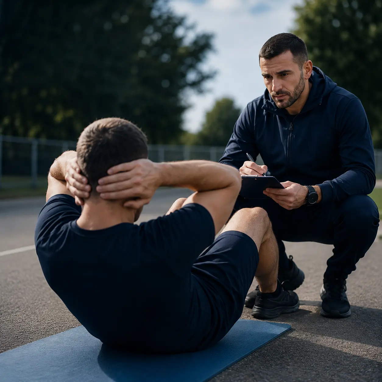 Coach sportif encadrant un exercice de tractions pour la préparation au concours de la Police à Menton