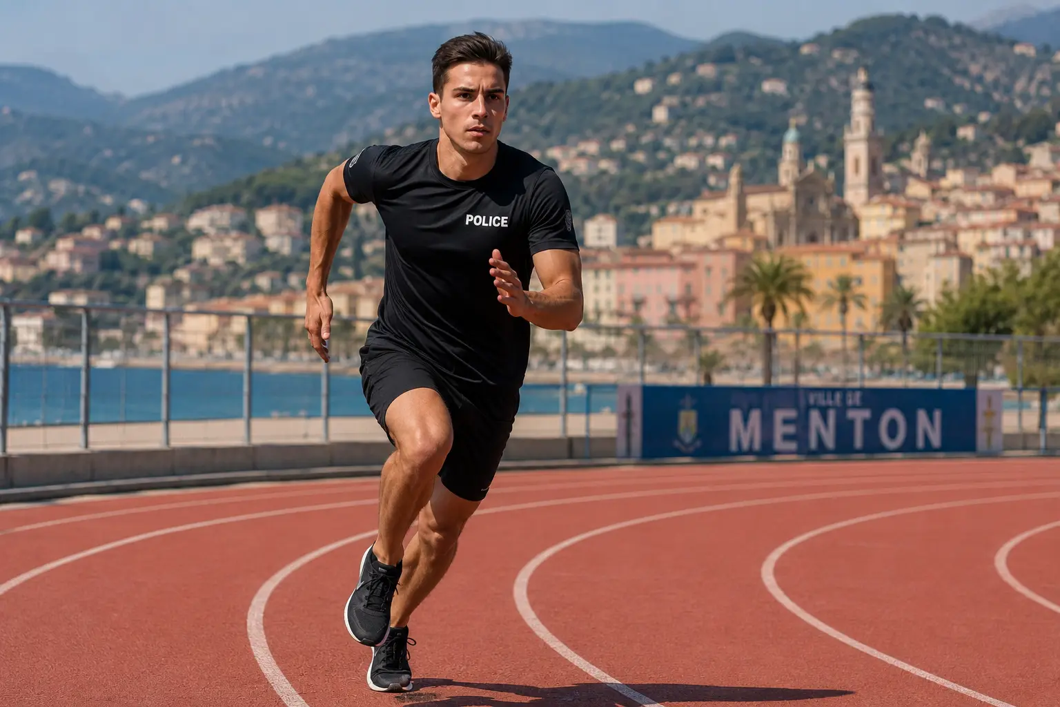 Candidat au concours de la Police s'entraînant à la course de vitesse sur une piste d'athlétisme à Menton